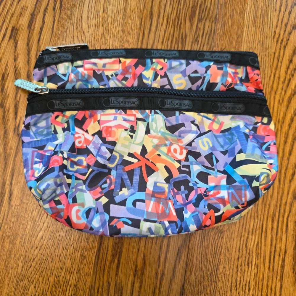 LeSportsac Alphabet Typography Print Nylon Cosmetic Pouch Bag Made in USA Multi